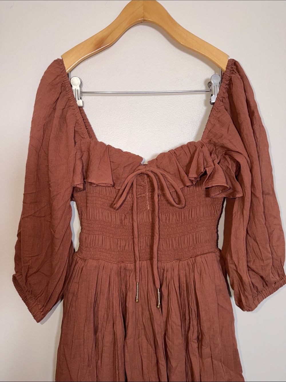 NWT Free People Oasis Midi Dress Honey Topaz Brown Smocked Cotton Size S - Picture 3 of 7